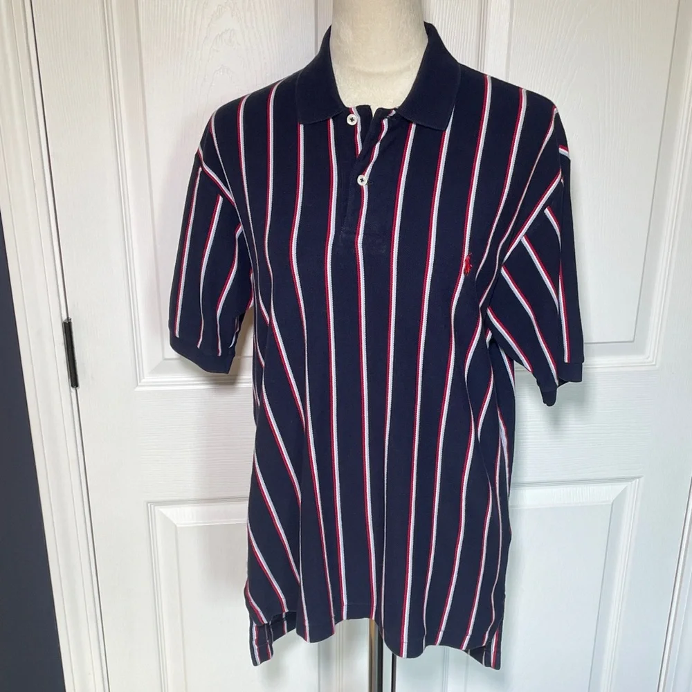 Polo‎ Ralph Lauren Navy White & Red Vertical Stripe Cotton Polo Size Medium